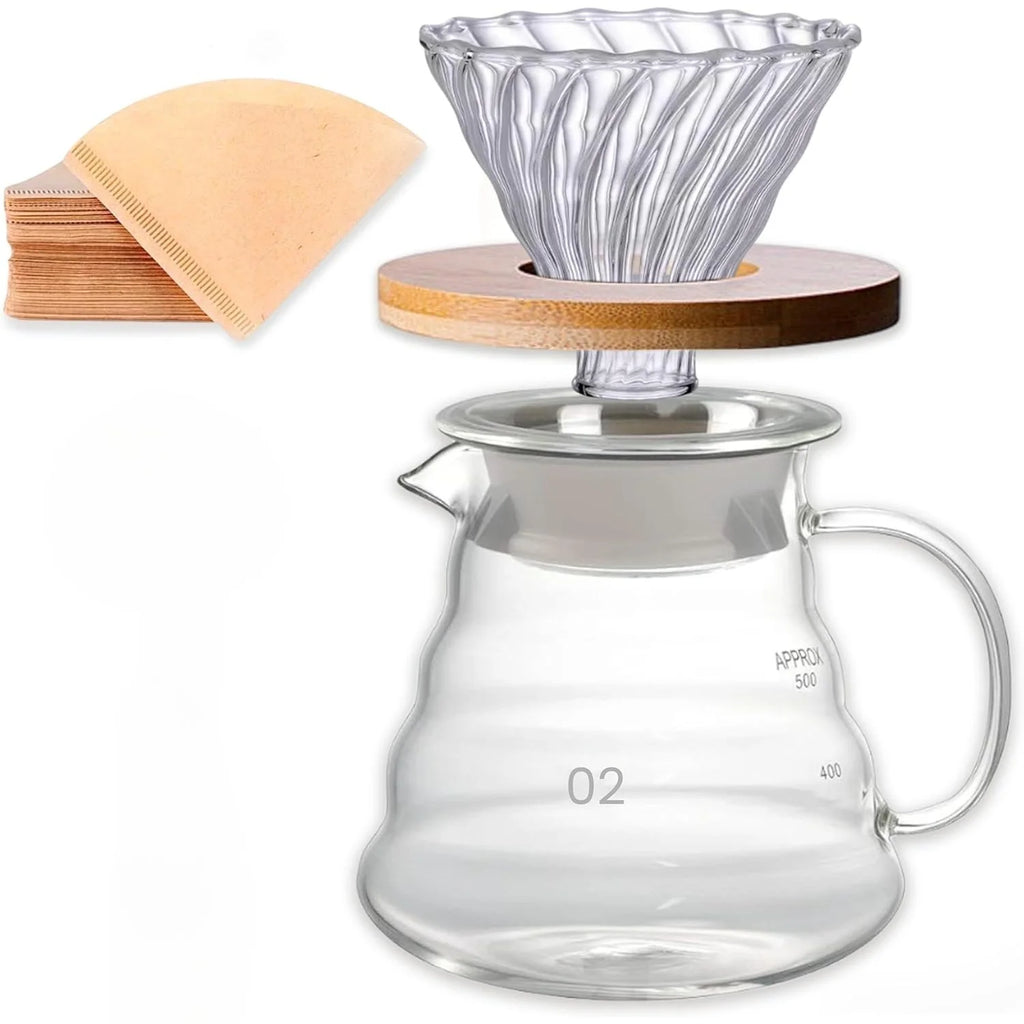 Set Cafetera de cristal V60 (600 ml), cafetera de goteo para café frío con filtros de papel natural V02 (40 unidades)