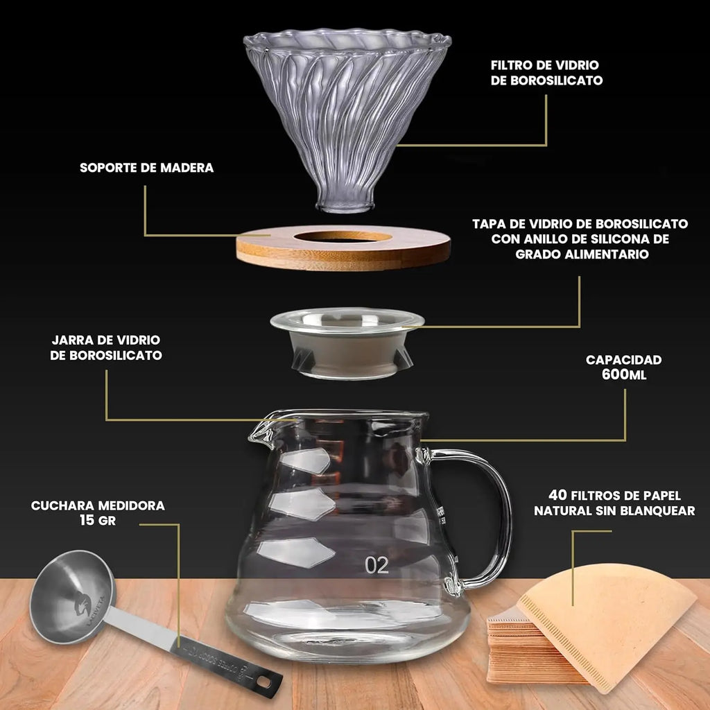 Set Cafetera de cristal V60 (600 ml), cafetera de goteo para café frío con filtros de papel natural V02 (40 unidades)