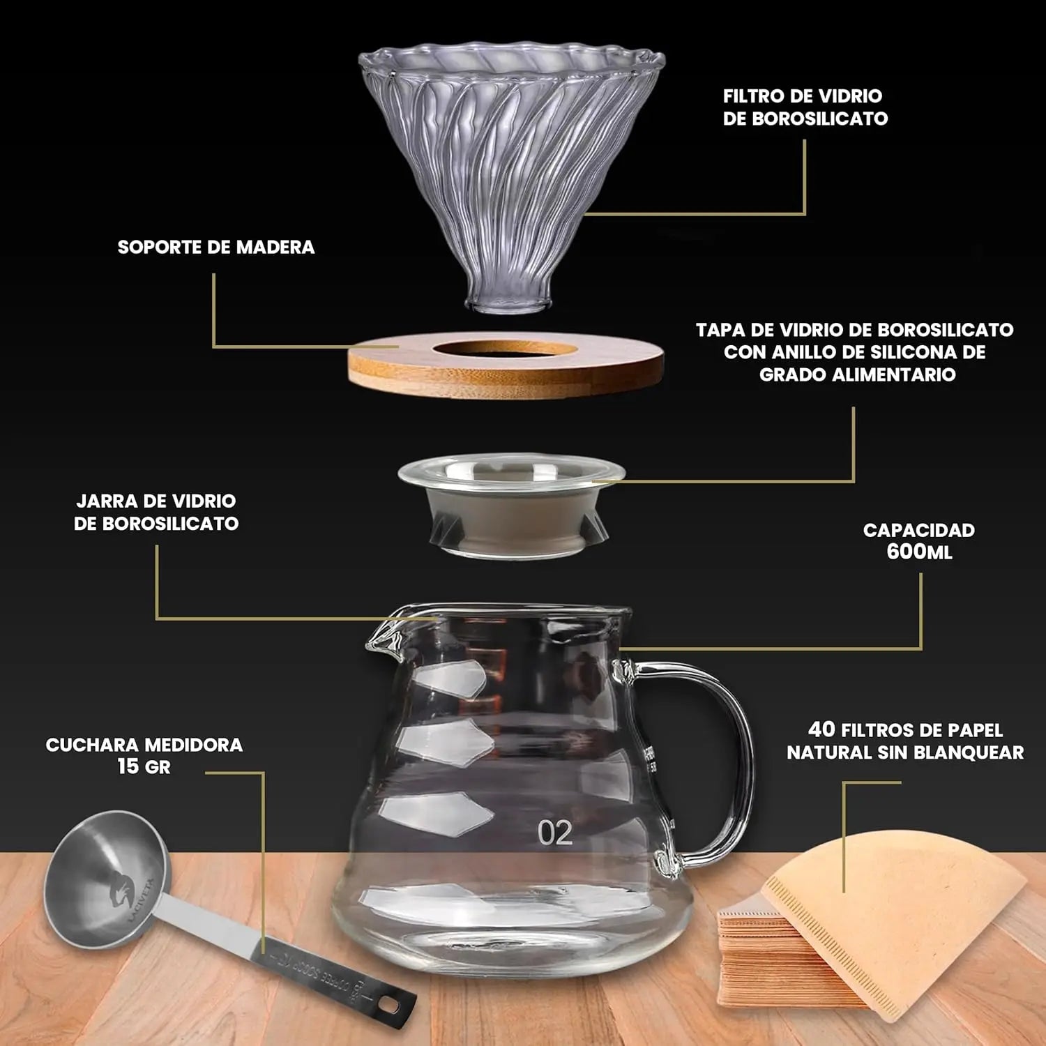 Set Cafetera de cristal V60 (600 ml), cafetera de goteo para café frío con filtros de papel natural V02 (40 unidades)