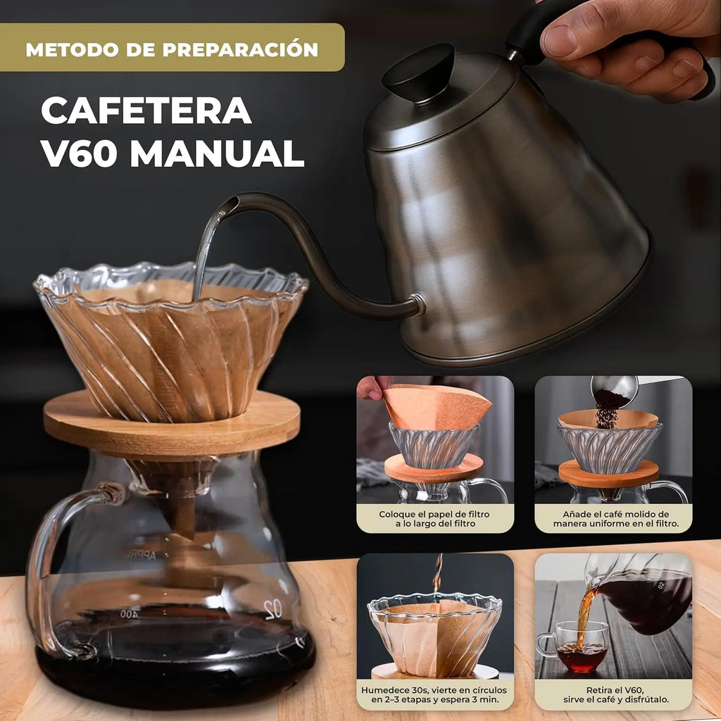 Set Cafetera de cristal V60 (600 ml), cafetera de goteo para café frío con filtros de papel natural V02 (40 unidades)