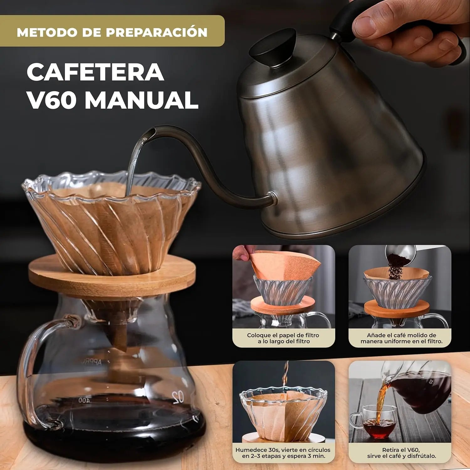 Set Cafetera de cristal V60 (600 ml), cafetera de goteo para café frío con filtros de papel natural V02 (40 unidades)