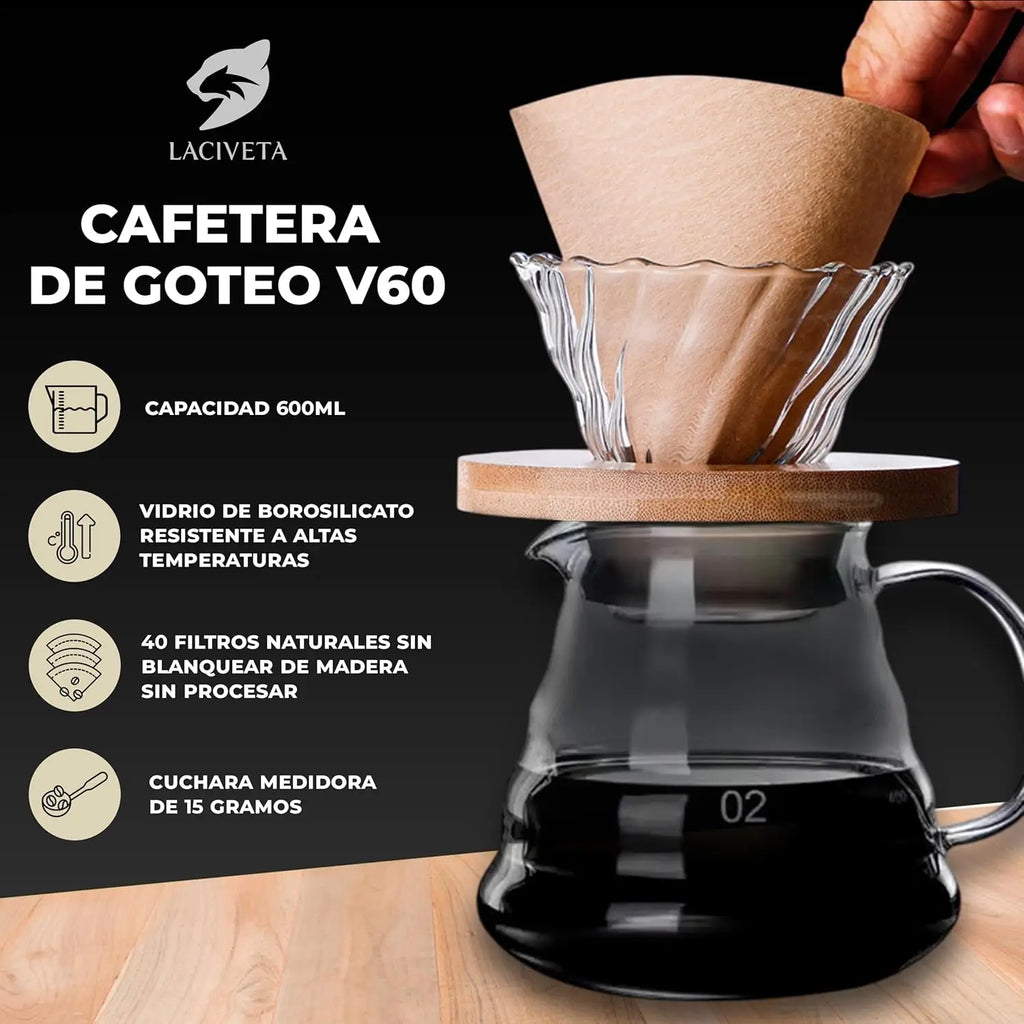 Set Cafetera de cristal V60 (600 ml), cafetera de goteo para café frío con filtros de papel natural V02 (40 unidades)