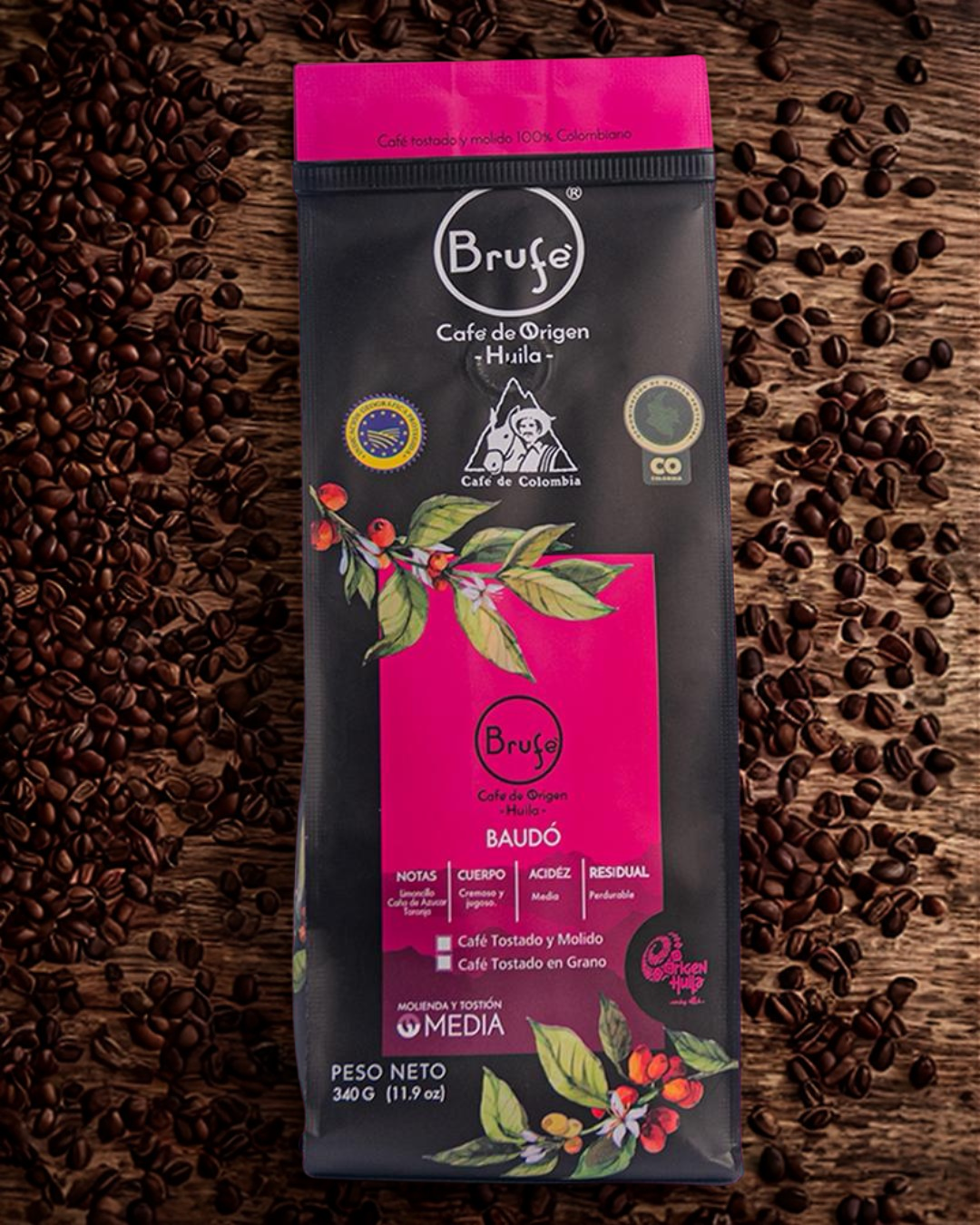 Café Brufe Bourbon Rosado 340g, café de especialidad colombiano