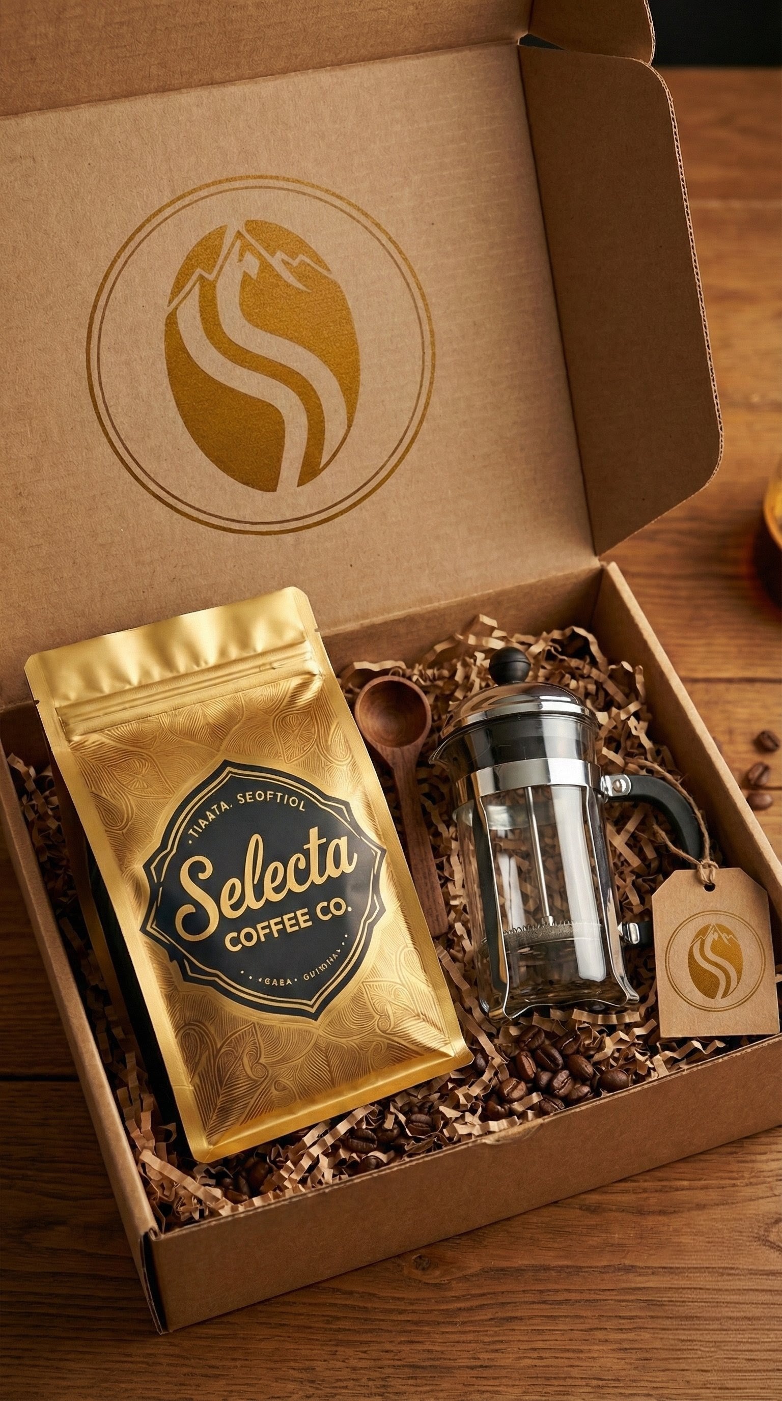 500 gramos de café especial colombiano de origen único
+Prensa francesa pequeña de alta calidad
+Cuchara medidora profesional