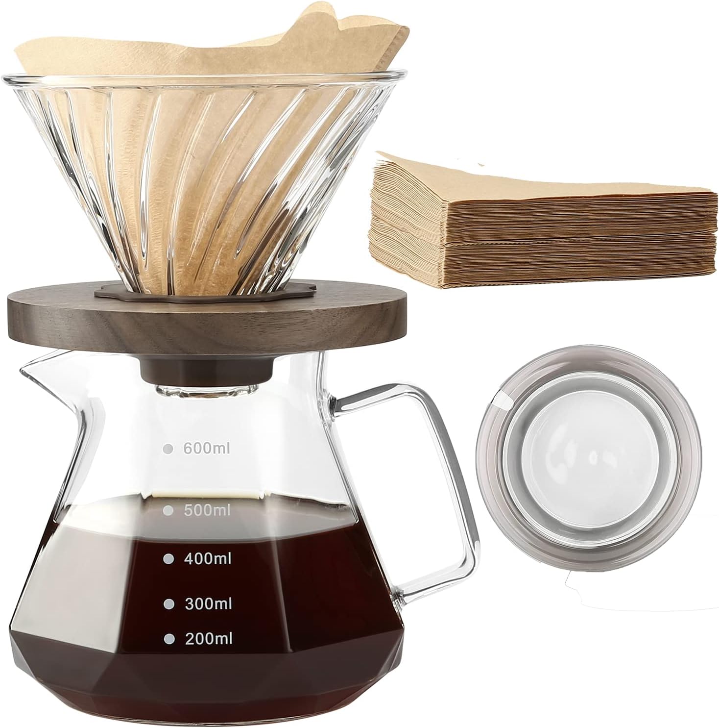 Set V60 con jarra de vidrio 600ml y 100 filtros de papel para café de goteo