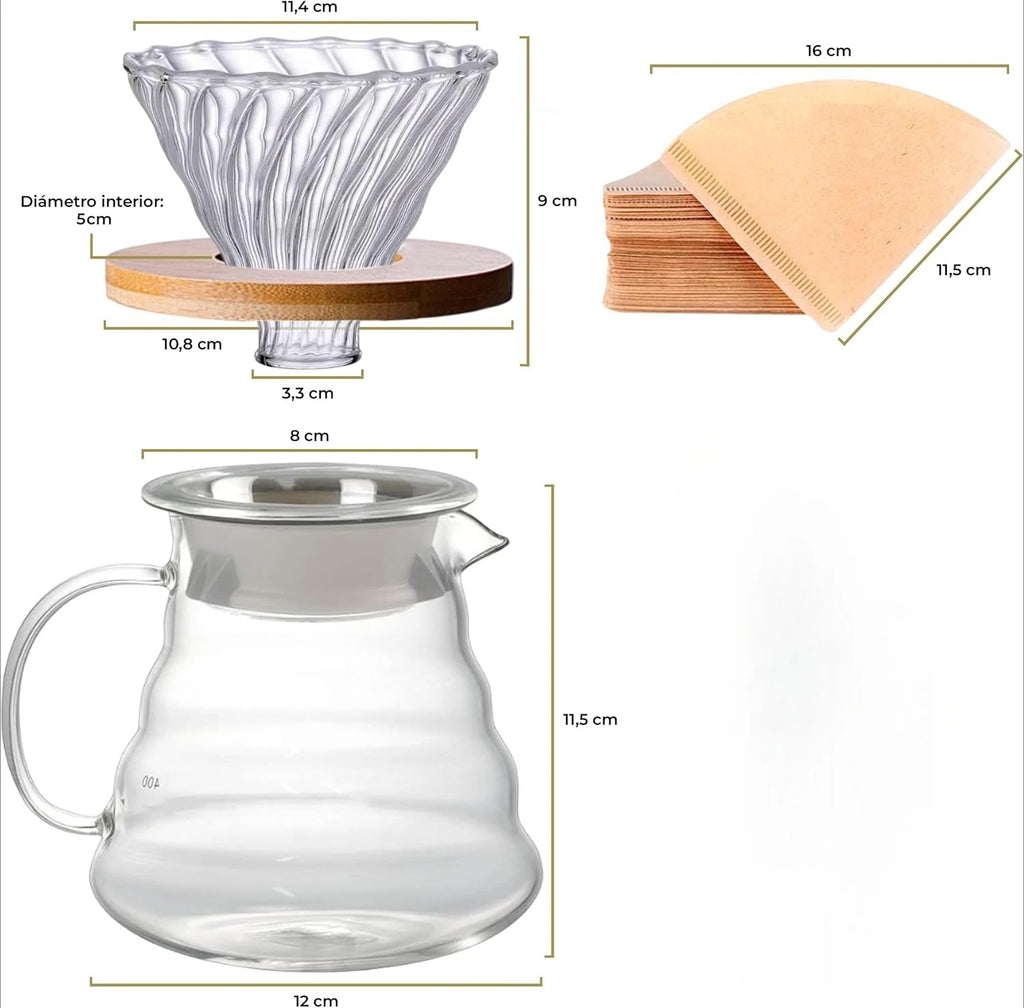 Set Cafetera de cristal V60 (600 ml), cafetera de goteo para café frío con filtros de papel natural V02 (40 unidades)