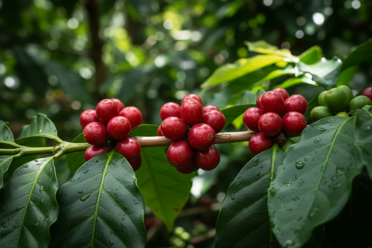 una mata de café con las cerezas maduras 